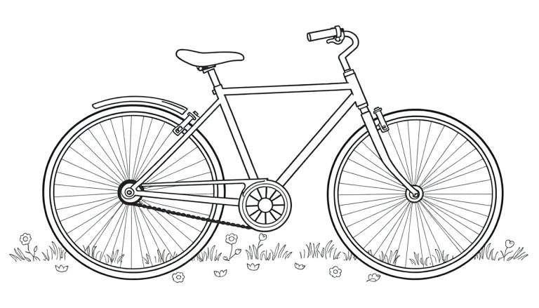 Un vélo de style vintage dessiné en noir et blanc sur un terrain herbeux avec des fleurs.