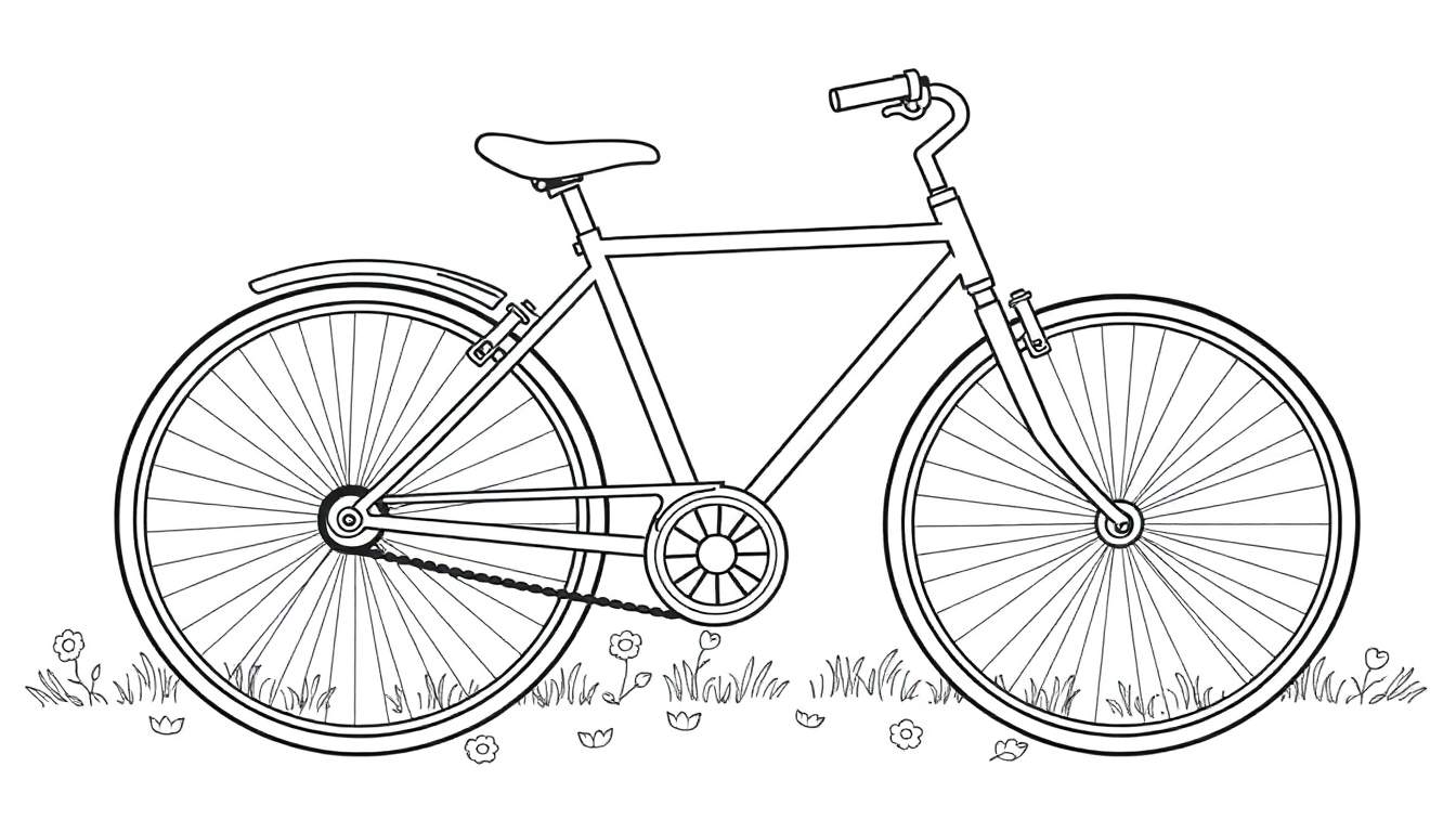 Un vélo de style vintage dessiné en noir et blanc sur un terrain herbeux avec des fleurs.