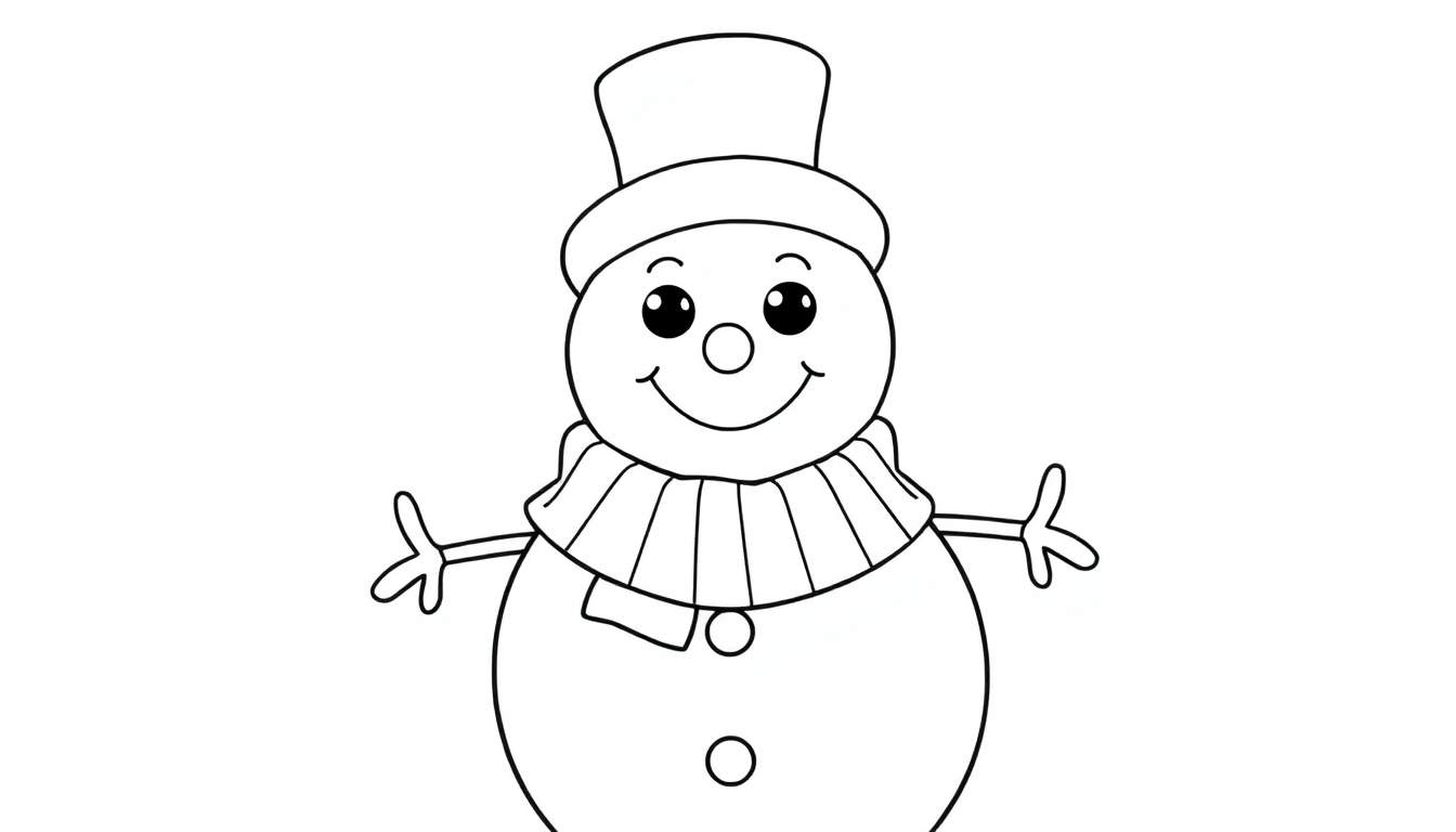 Un bonhomme de neige de style dessin animé avec un chapeau haut-de-forme, des yeux ronds, un nez rond, une bouche souriante, une écharpe à volants, des bras en brindilles avec des mitaines, et deux boutons sur son corps. Le dessin au trait est simple et clair, idéal pour un color panel.
