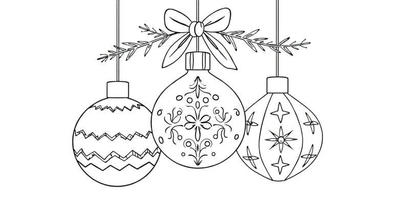 Dessin au trait en noir et blanc de trois boules de Noël décorées avec différents motifs, suspendues à des cordes.