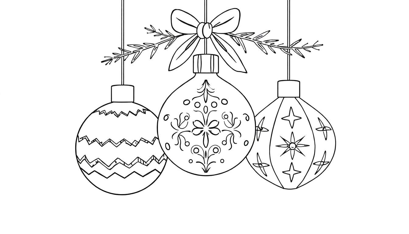 Dessin au trait en noir et blanc de trois boules de Noël décorées avec différents motifs, suspendues à des cordes.
