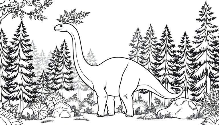 Un dessin au trait d'un dinosaure herbivore à long cou dans une forêt de conifères, prêt à être coloré.