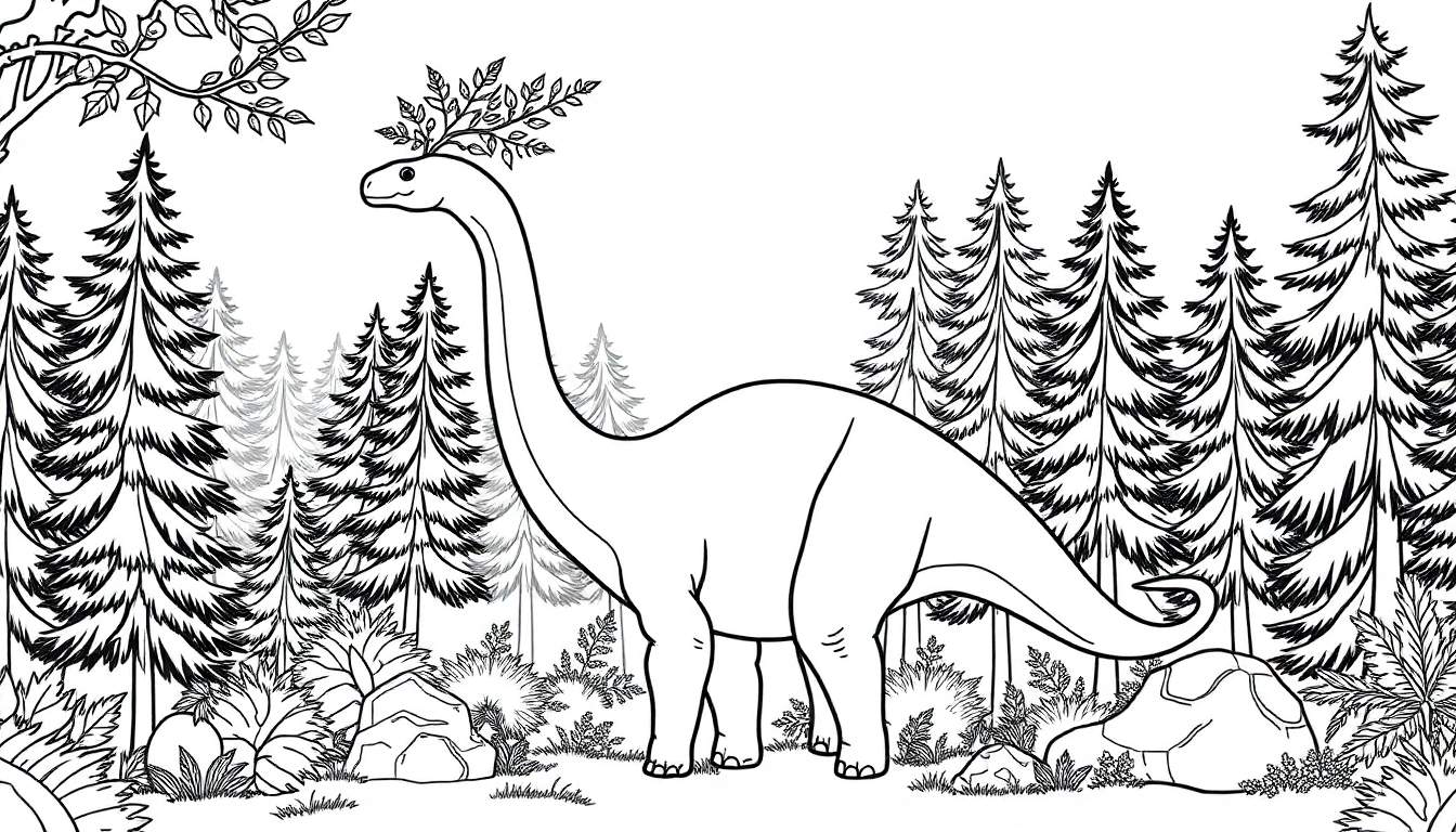 Un dessin au trait d'un dinosaure herbivore à long cou dans une forêt de conifères, prêt à être coloré.