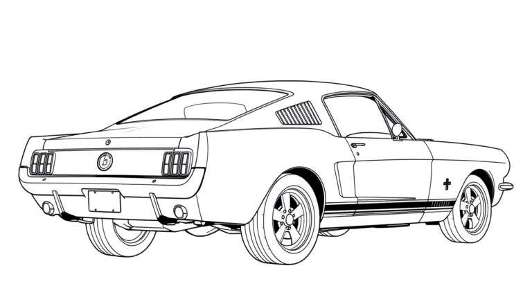 Dessin au trait noir et blanc d'une Ford Mustang classique vue de trois quarts arrière, avec un panneau de couleur pour l'ajout.