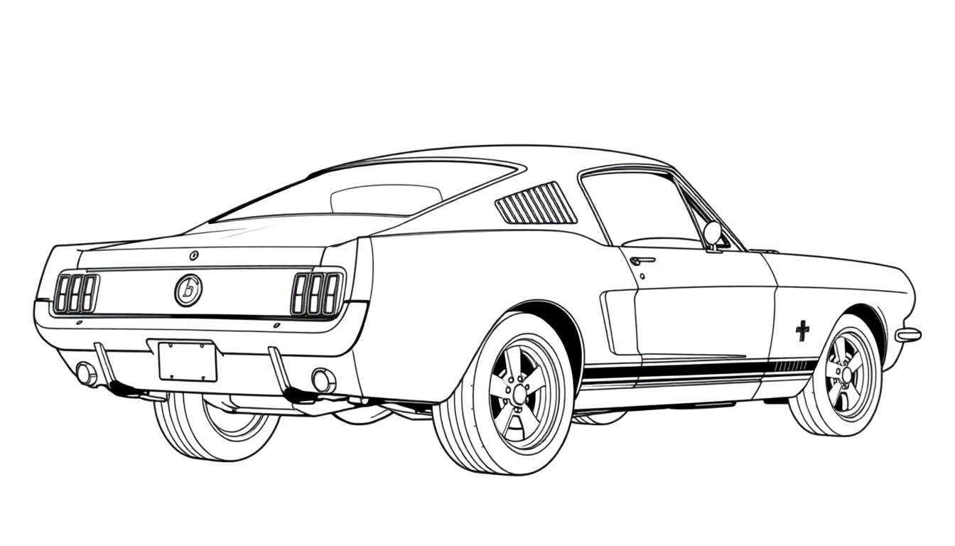Dessin au trait noir et blanc d'une Ford Mustang classique vue de trois quarts arrière, avec un panneau de couleur pour l'ajout.