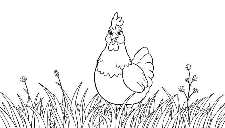 Dessin au trait d'une poule dans un champ d'herbe, parfait pour un color panel.