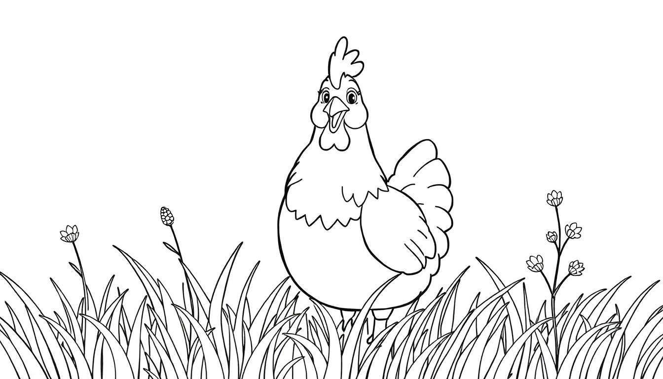 Dessin au trait d'une poule dans un champ d'herbe, parfait pour un color panel.