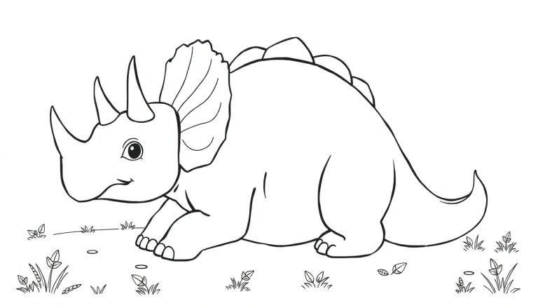 Dessin au trait d'un Tricératops de style dessin animé en noir et blanc.