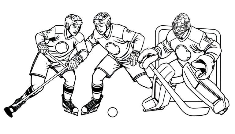Page de coloriage de hockey sur glace avec des joueurs et un gardien de but en action.
