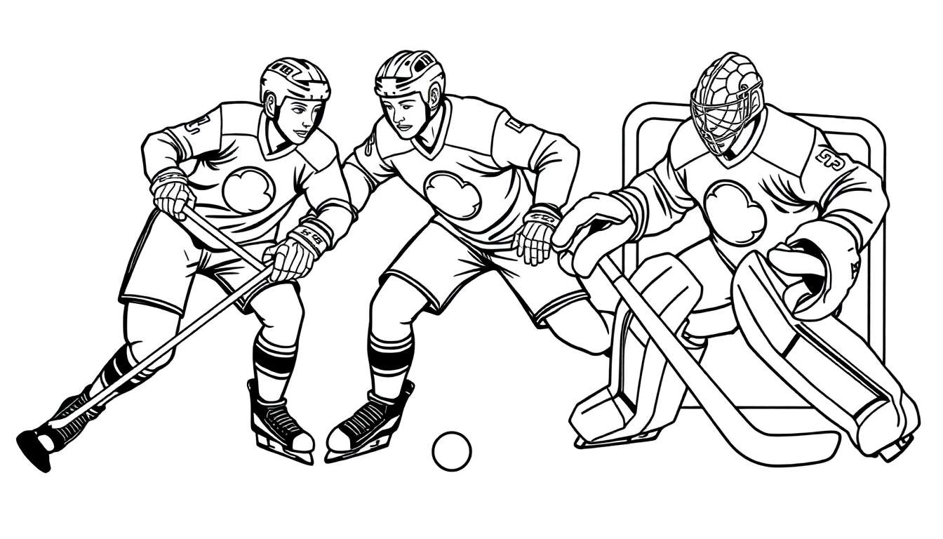 Page de coloriage de hockey sur glace avec des joueurs et un gardien de but en action.