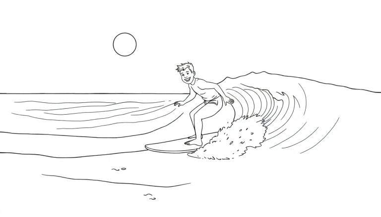 Page de coloriage : Un dessin au trait d'un surfeur souriant sur une vague, avec le soleil dans le ciel. Un color panel amusant pour les enfants.