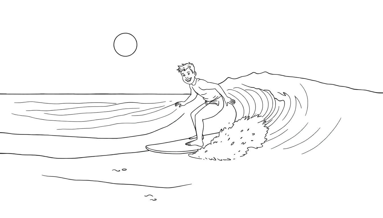 Page de coloriage : Un dessin au trait d'un surfeur souriant sur une vague, avec le soleil dans le ciel. Un color panel amusant pour les enfants.