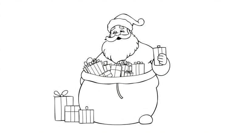 Le Père Noël avec une hotte remplie de cadeaux, prêt pour la distribution de jouets, sur un color panel.