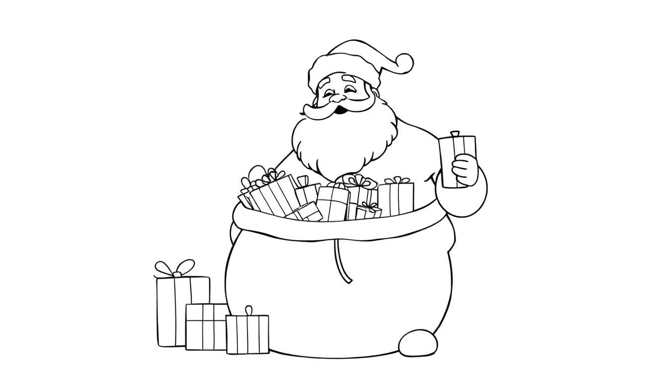Le Père Noël avec une hotte remplie de cadeaux, prêt pour la distribution de jouets, sur un color panel.