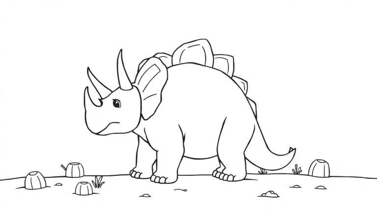 Dessin au trait simple d'un Tricératops avec des cornes et une crête, sur un sol rocheux avec des plantes.