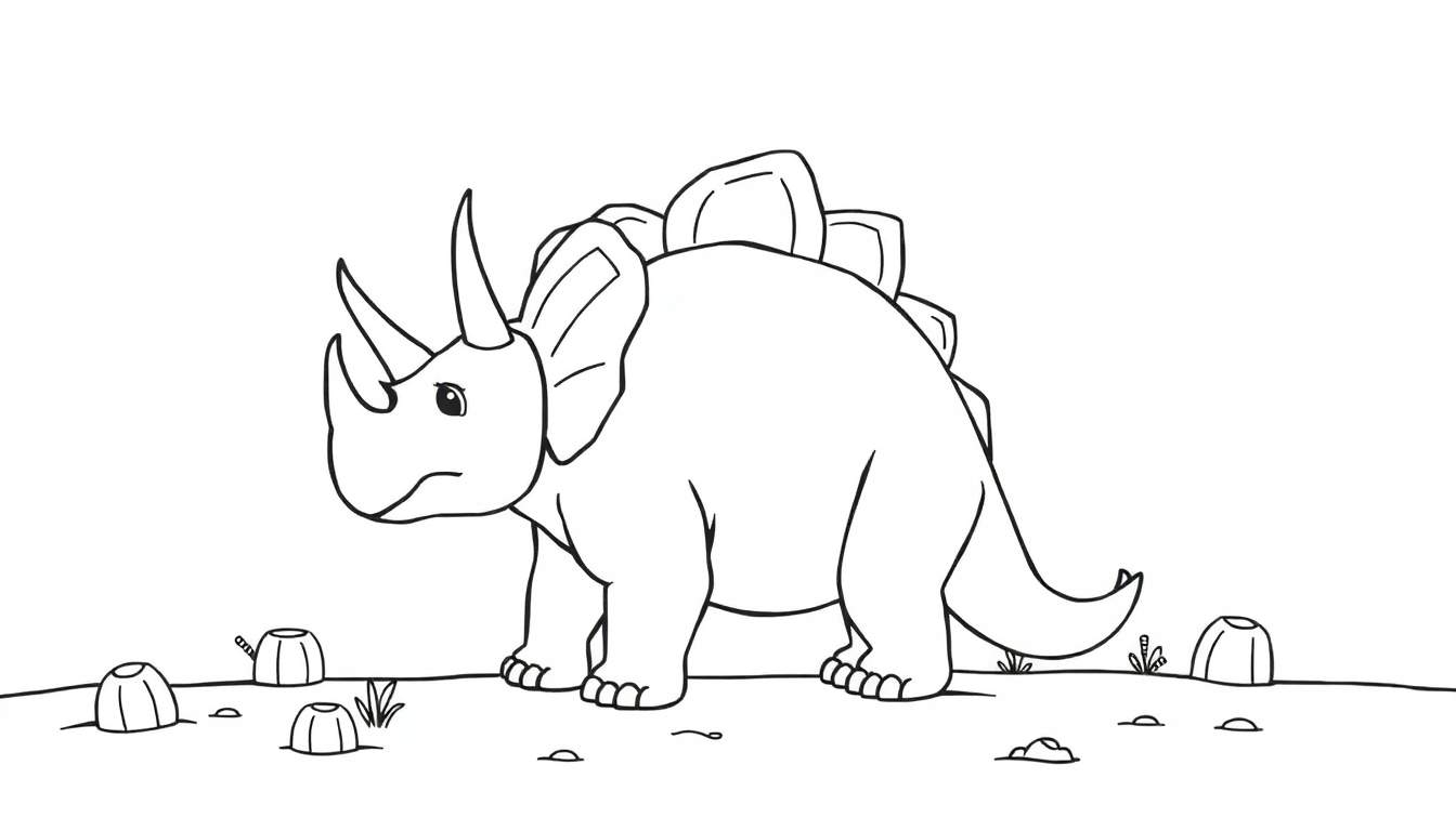 Dessin au trait simple d'un Tricératops avec des cornes et une crête, sur un sol rocheux avec des plantes.