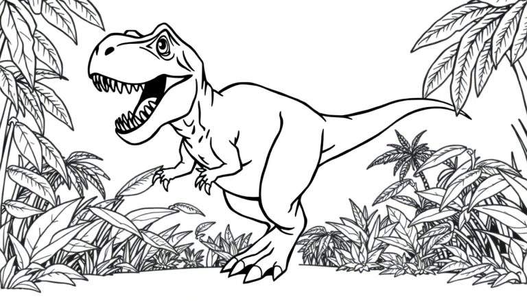 Dessin au trait d'un Tyrannosaure Rex dans une jungle luxuriante, prêt à être coloré.