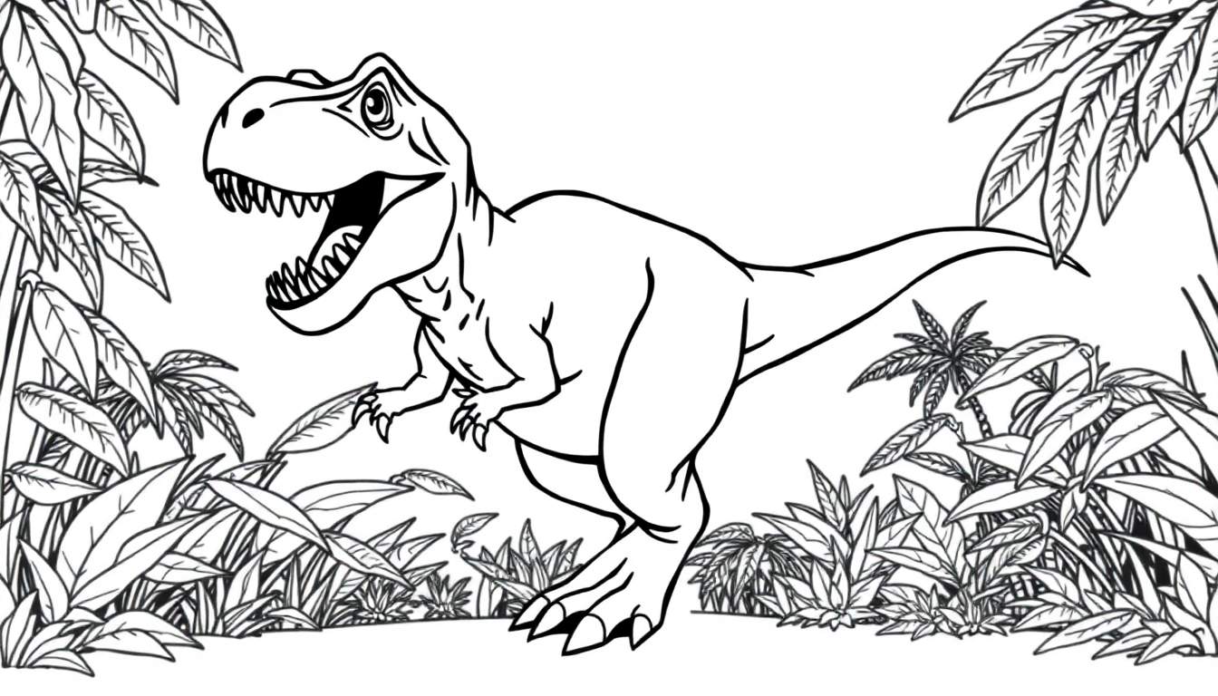 Dessin au trait d'un Tyrannosaure Rex dans une jungle luxuriante, prêt à être coloré.