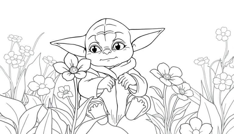 Bébé Yoda dans un jardin fleuri prêt à être colorisé.