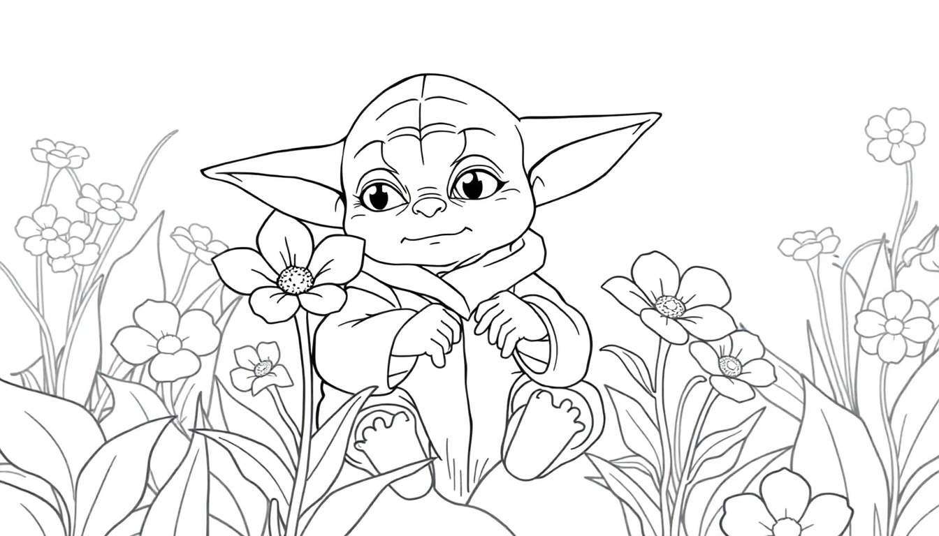 Bébé Yoda dans un jardin fleuri prêt à être colorisé.