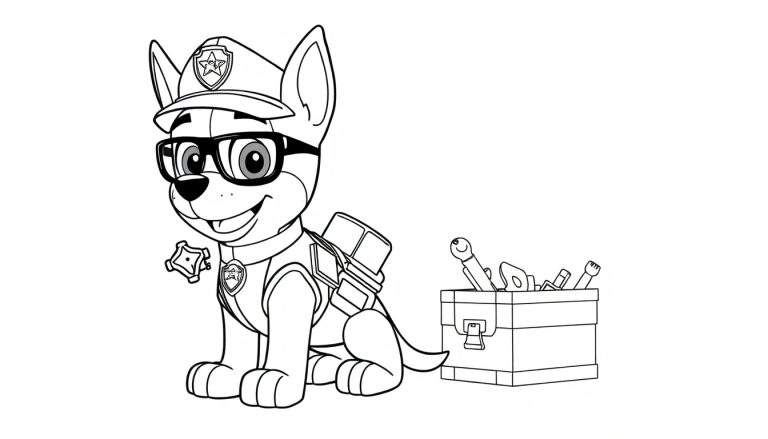 Un chien de dessin animé portant une casquette de policier et des lunettes, assis à côté d'une boîte à outils remplie d'outils, prêt pour une activité de coloriage.