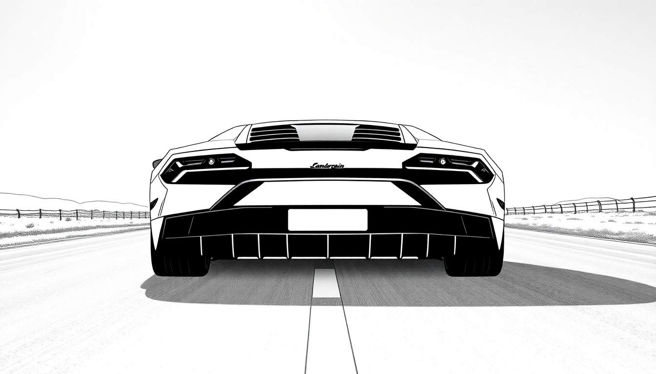 Dessin au trait d'une Lamborghini blanche vue de l'arrière sur une route de campagne, prête à être coloriée dans le color panel.