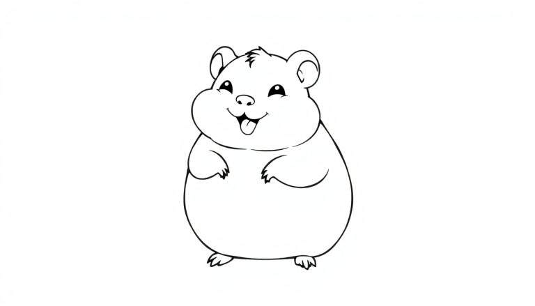 Dessin au trait mignon d'un hamster rond avec de grandes joues et de petites pattes levées, prêt à être coloré.