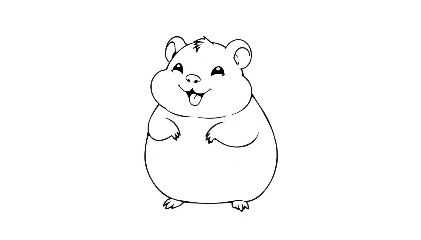 Dessin au trait mignon d'un hamster rond avec de grandes joues et de petites pattes levées, prêt à être coloré.