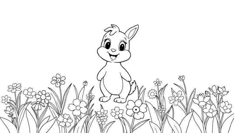 Lapin dans un champ de fleurs, prêt à être colorié.