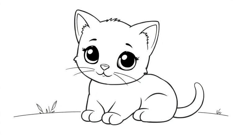 Un chaton mignon dessiné au trait, assis et regardant devant lui, avec de grands yeux et de l'herbe autour.