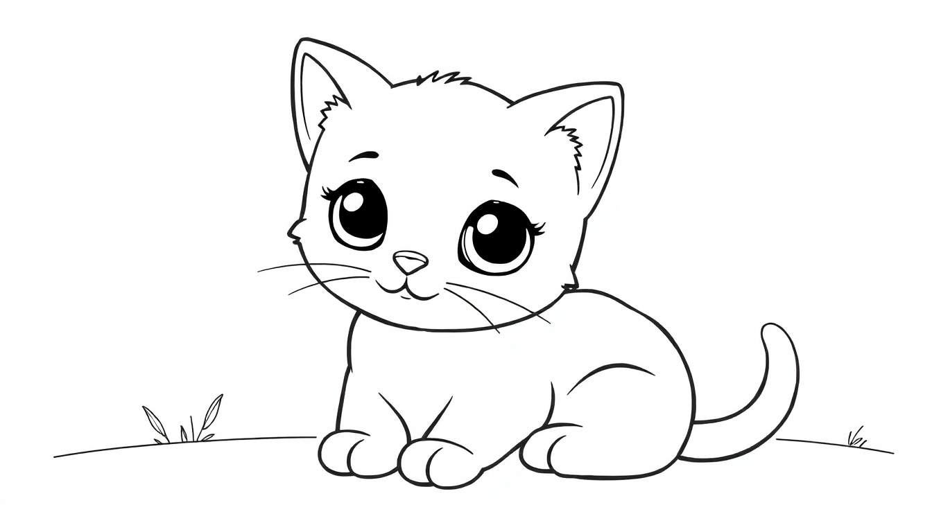 Un chaton mignon dessiné au trait, assis et regardant devant lui, avec de grands yeux et de l'herbe autour.