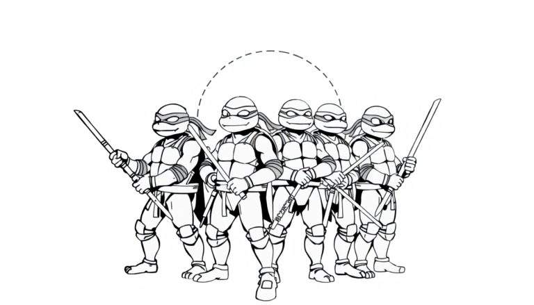 Dessin des Tortues Ninja adolescentes en noir et blanc, prêts au combat, avec un cercle en pointillé au-dessus de leurs têtes. Ce color panel est idéal pour un coloriage.