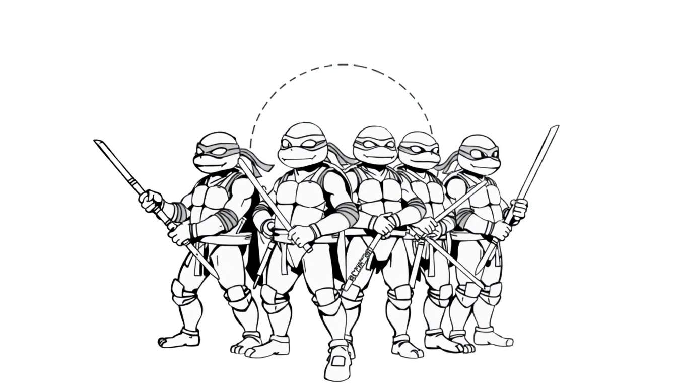Dessin des Tortues Ninja adolescentes en noir et blanc, prêts au combat, avec un cercle en pointillé au-dessus de leurs têtes. Ce color panel est idéal pour un coloriage.