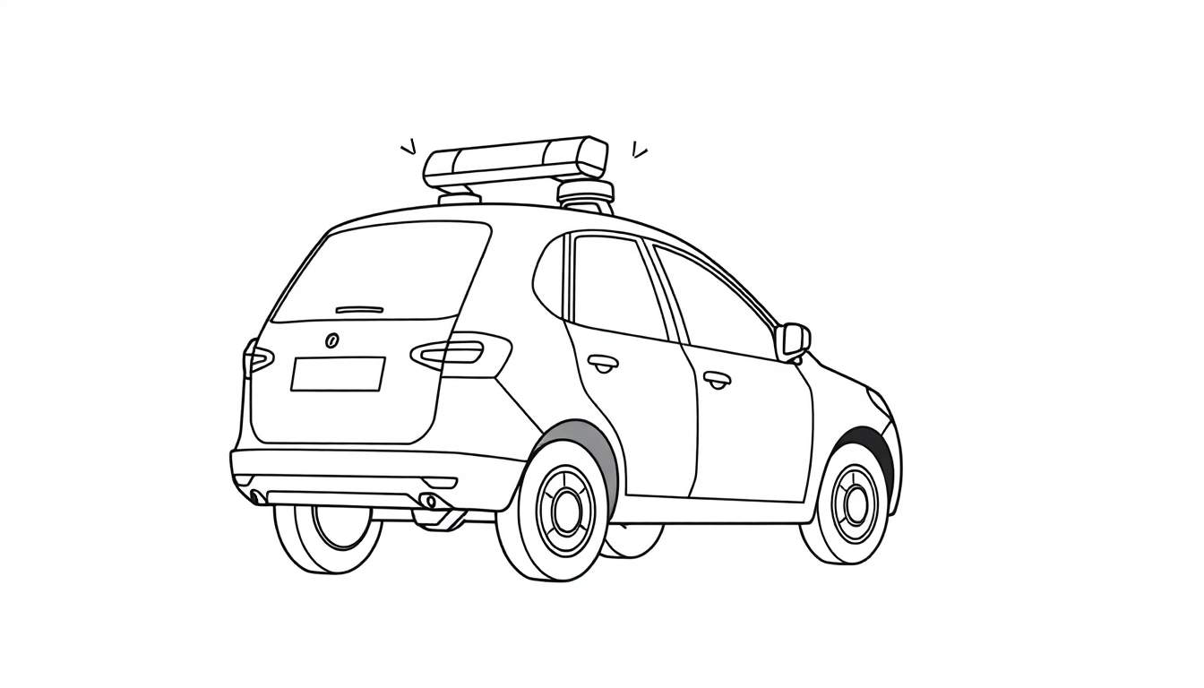 Voiture de police pour coloriage vue de l'arrière et du côté avec une barre lumineuse sur le toit.