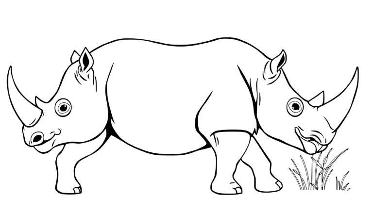 Dessin au trait de deux rhinocéros, l'un marchant et l'autre mangeant de l'herbe, dans un style dessin animé.