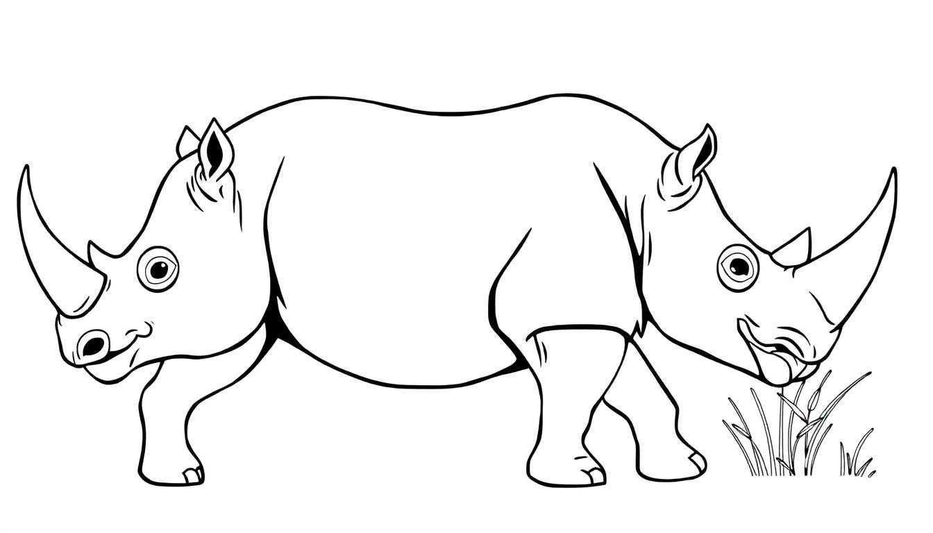 Dessin au trait de deux rhinocéros, l'un marchant et l'autre mangeant de l'herbe, dans un style dessin animé.