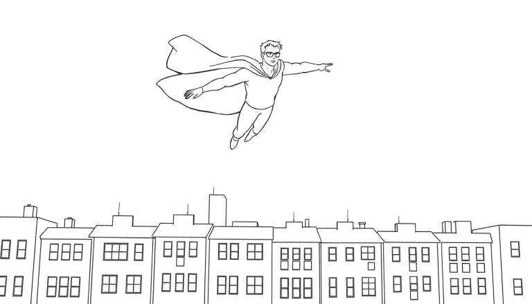 Dessin au trait d'un super-héros volant au-dessus des maisons, avec un color panel à côté.