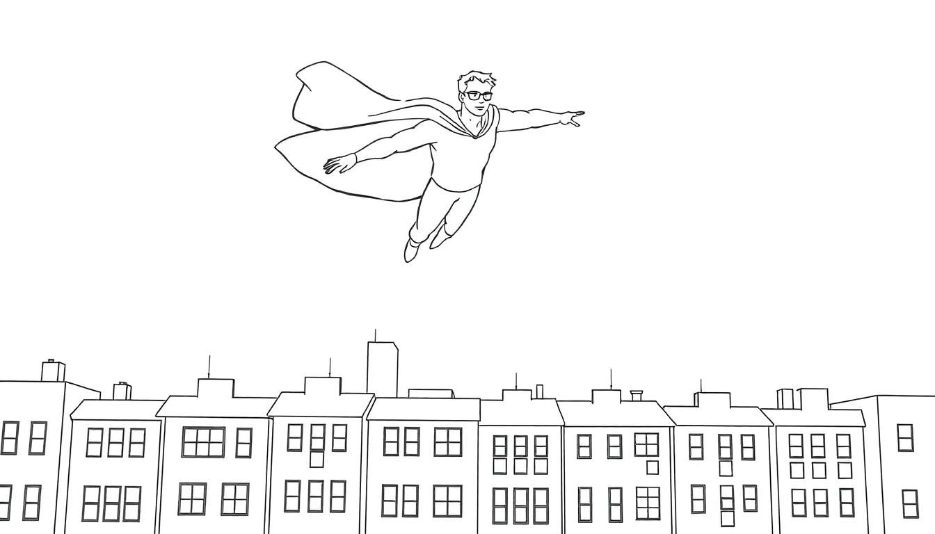 Dessin au trait d'un super-héros volant au-dessus des maisons, avec un color panel à côté.