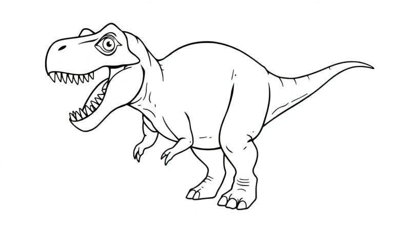 Un dessin au trait d'un T-Rex en noir et blanc, avec la gueule ouverte et les dents apparentes, prêt à être colorisé.