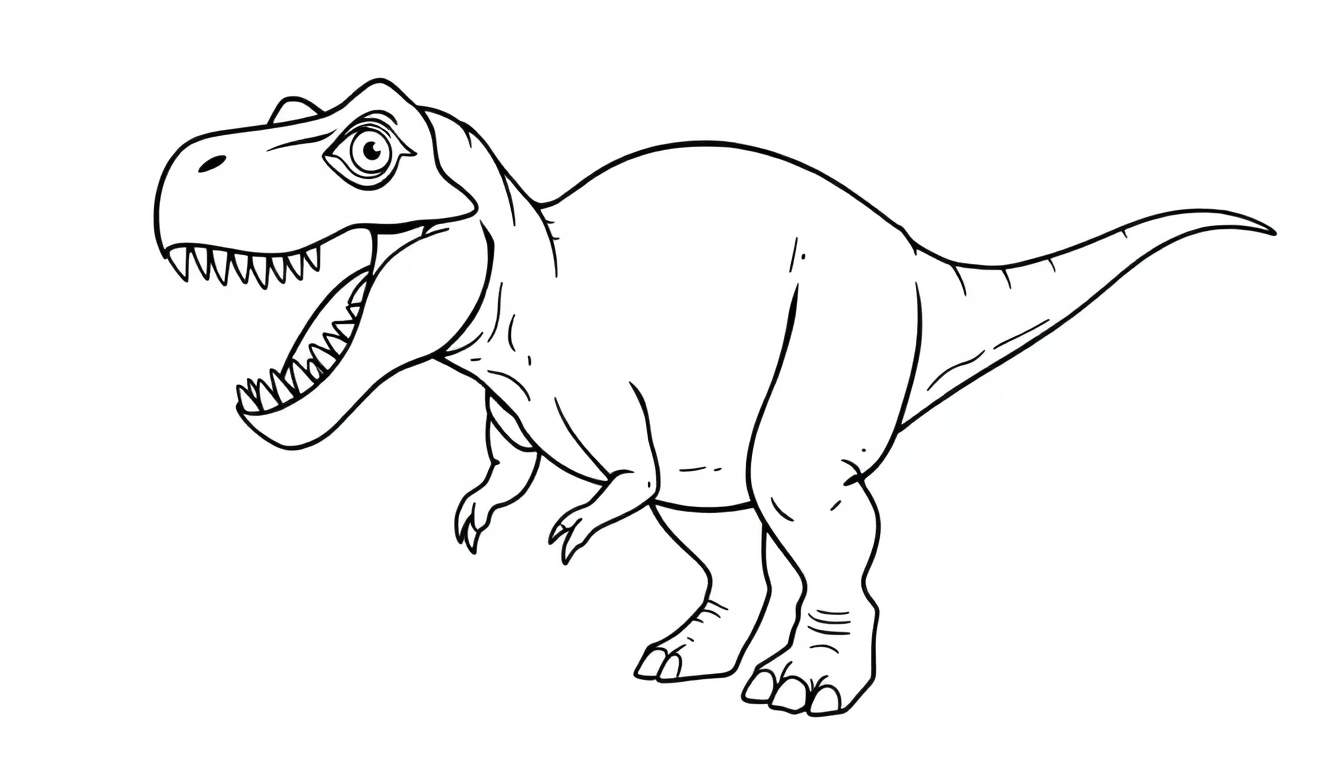 Un dessin au trait d'un T-Rex en noir et blanc, avec la gueule ouverte et les dents apparentes, prêt à être colorisé.