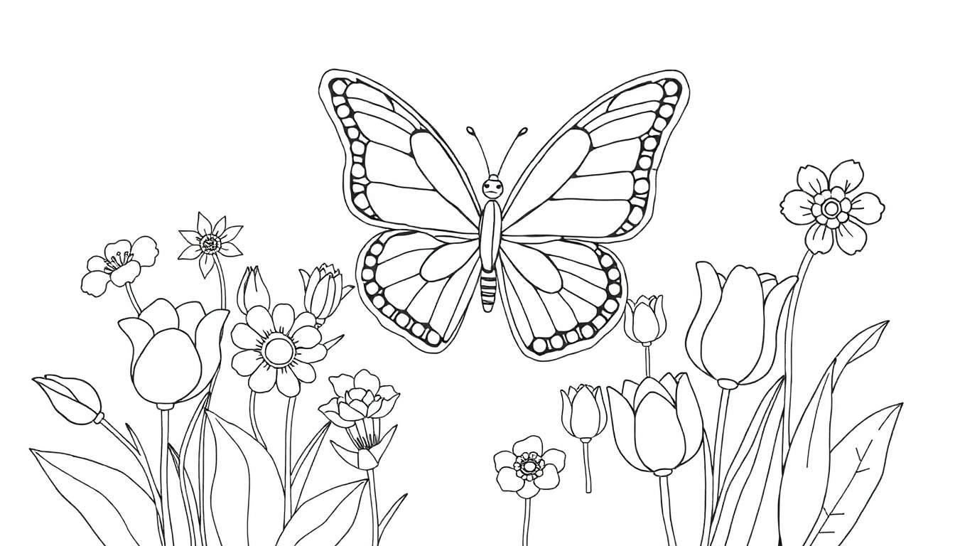 Un dessin au trait d'un papillon aux ailes décoratives entouré de diverses fleurs et feuilles, prêt à être coloré.