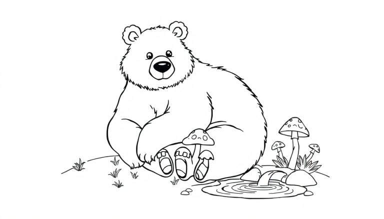 Une colour plate d'un ours mignon assis près de champignons et d'un ruisseau dans une forêt.
