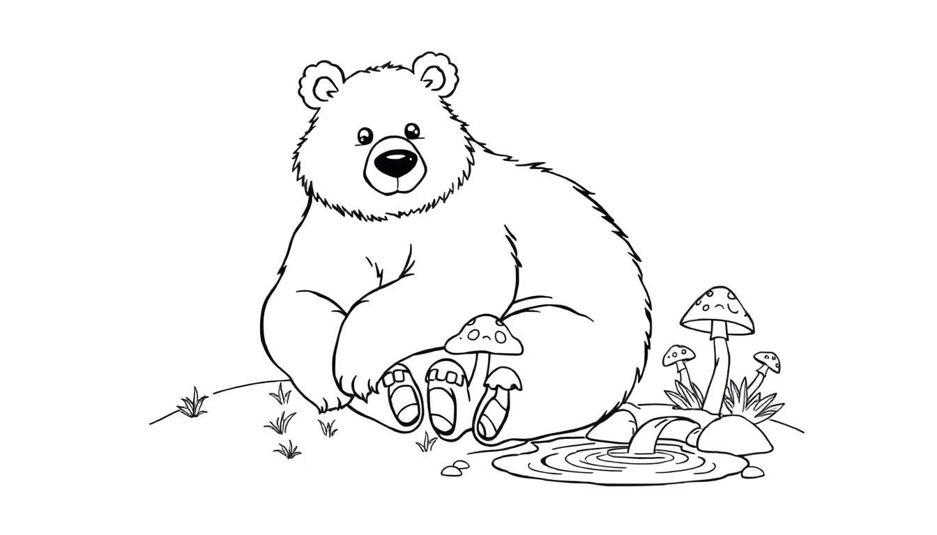 Une colour plate d'un ours mignon assis près de champignons et d'un ruisseau dans une forêt.