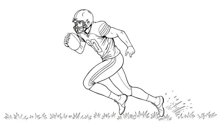 Dessin en noir et blanc d'un joueur de football américain courant avec le ballon, éclaboussant de la boue.