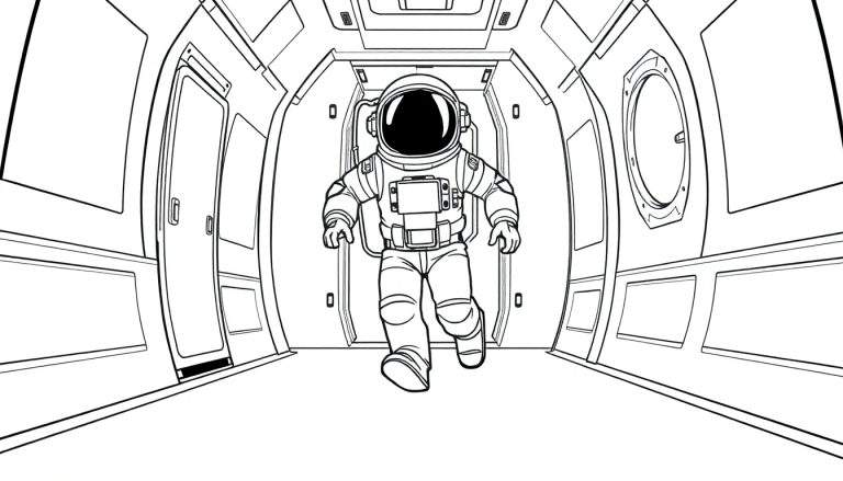 Un astronaute au trait noir et blanc court dans un couloir de vaisseau spatial, avec des panneaux, des fenêtres et des portes stylisés dans un environnement futuriste et stérile. Le casque de l'astronaute reflète l'obscurité, et la perspective met l'accent sur son mouvement vers l'avant.