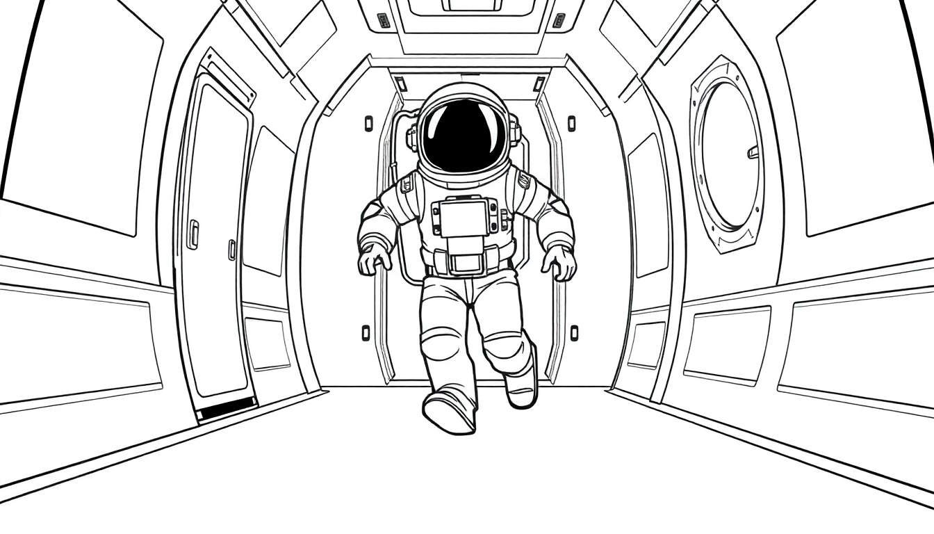 Un astronaute au trait noir et blanc court dans un couloir de vaisseau spatial, avec des panneaux, des fenêtres et des portes stylisés dans un environnement futuriste et stérile. Le casque de l'astronaute reflète l'obscurité, et la perspective met l'accent sur son mouvement vers l'avant.