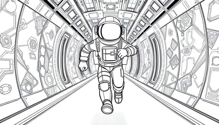 Astronaute Among Us courant dans un couloir futuriste avec des panneaux de couleur.