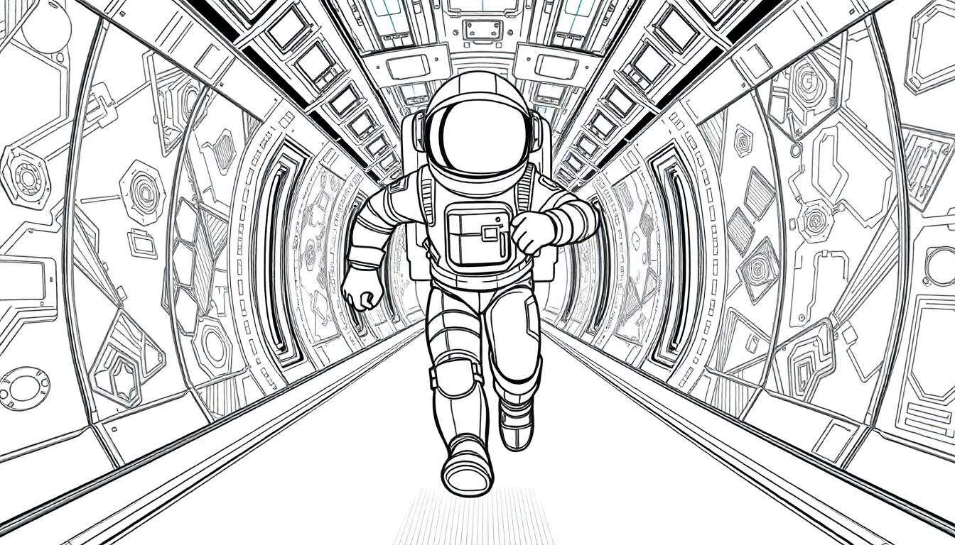 Astronaute Among Us courant dans un couloir futuriste avec des panneaux de couleur.