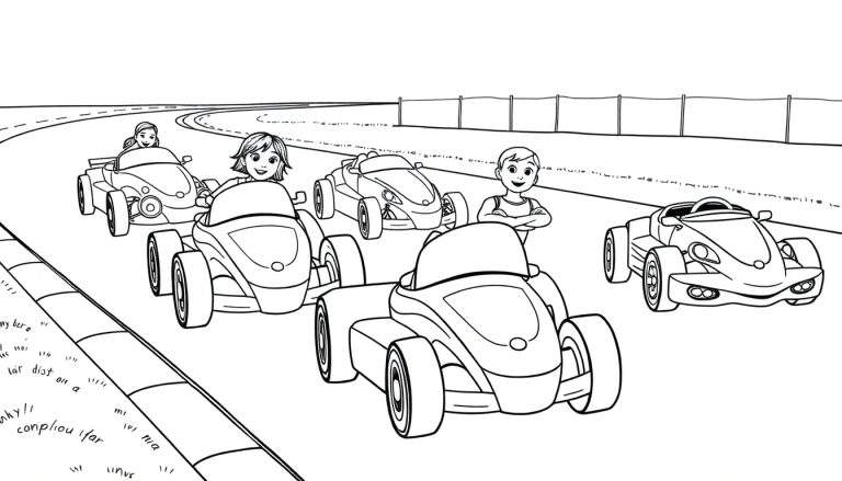 Dessin color panel de joyeuse course de karts avec des pilotes femmes et un homme sur une piste.