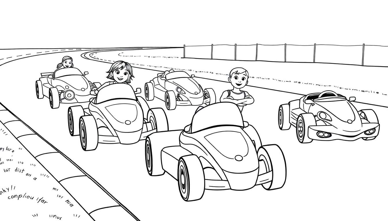 Dessin color panel de joyeuse course de karts avec des pilotes femmes et un homme sur une piste.